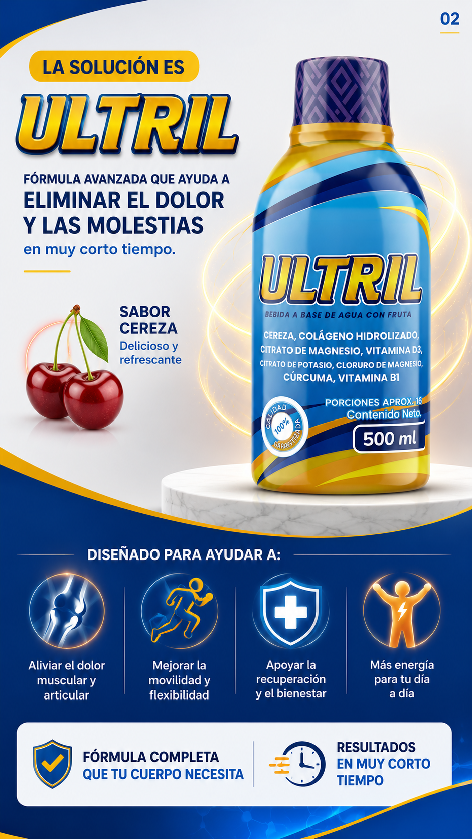 ULTRIL — Colágeno Hidrolizado + Magnesio en bebida líquida | Sabor cereza | 500 ml