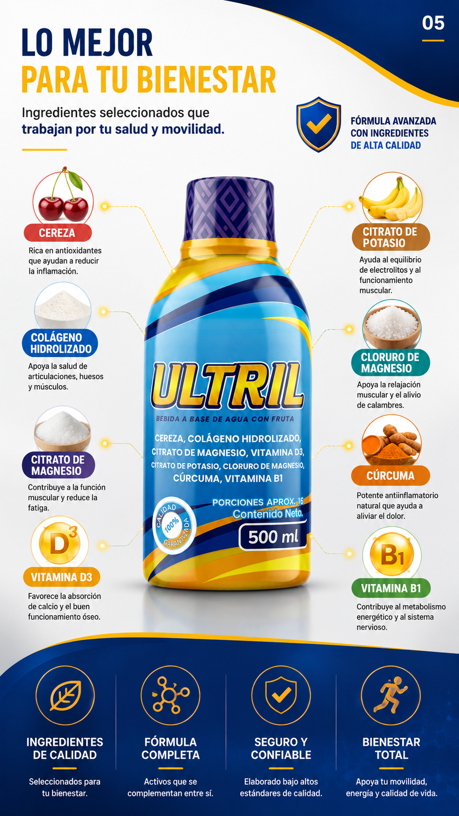 ULTRIL — Colágeno Hidrolizado + Magnesio en bebida líquida | Sabor cereza | 500 ml