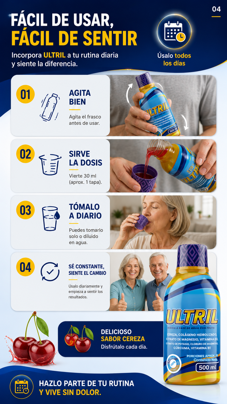 ULTRIL — Colágeno Hidrolizado + Magnesio en bebida líquida | Sabor cereza | 500 ml