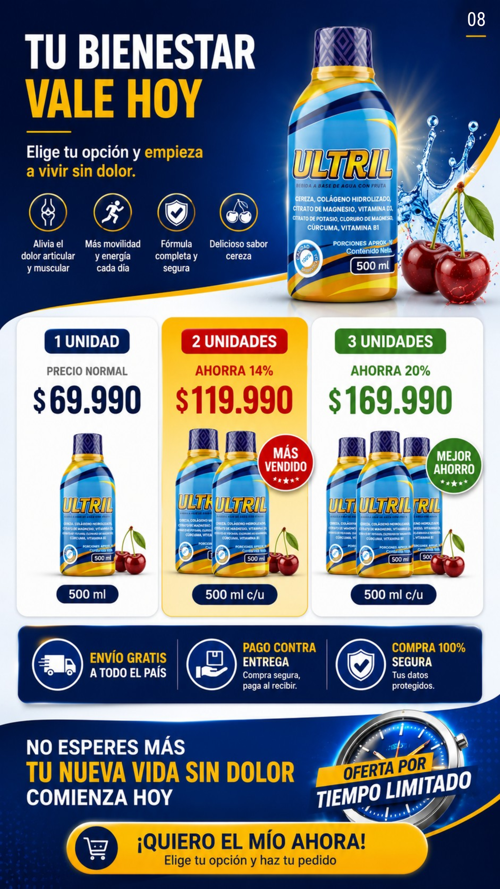 ULTRIL — Colágeno Hidrolizado + Magnesio en bebida líquida | Sabor cereza | 500 ml