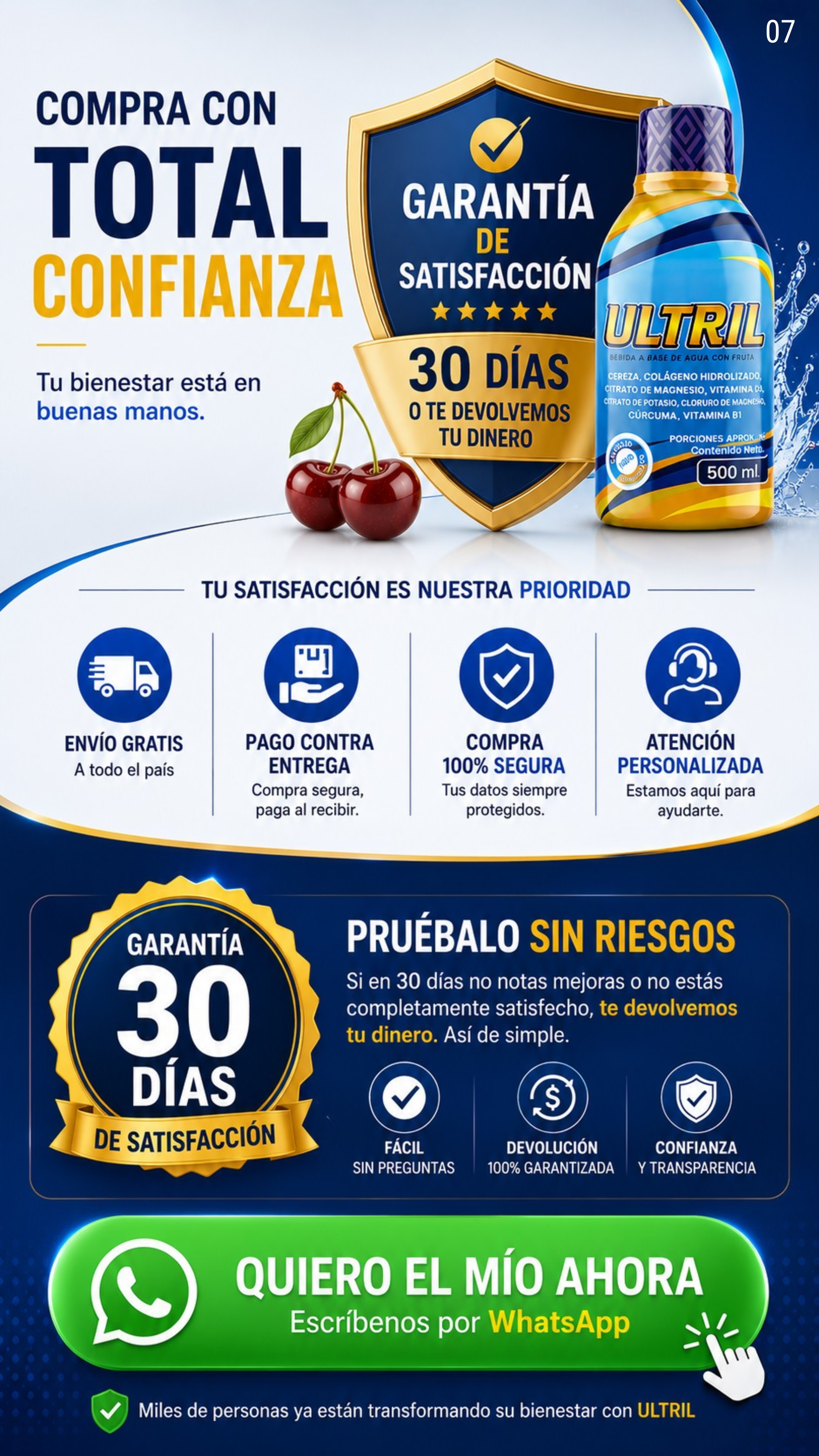 ULTRIL — Colágeno Hidrolizado + Magnesio en bebida líquida | Sabor cereza | 500 ml